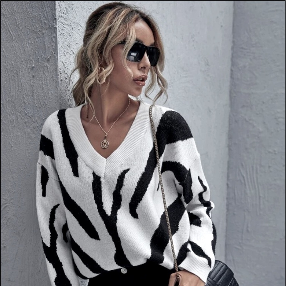 Drop Shoulder Zebra Striped Sweater